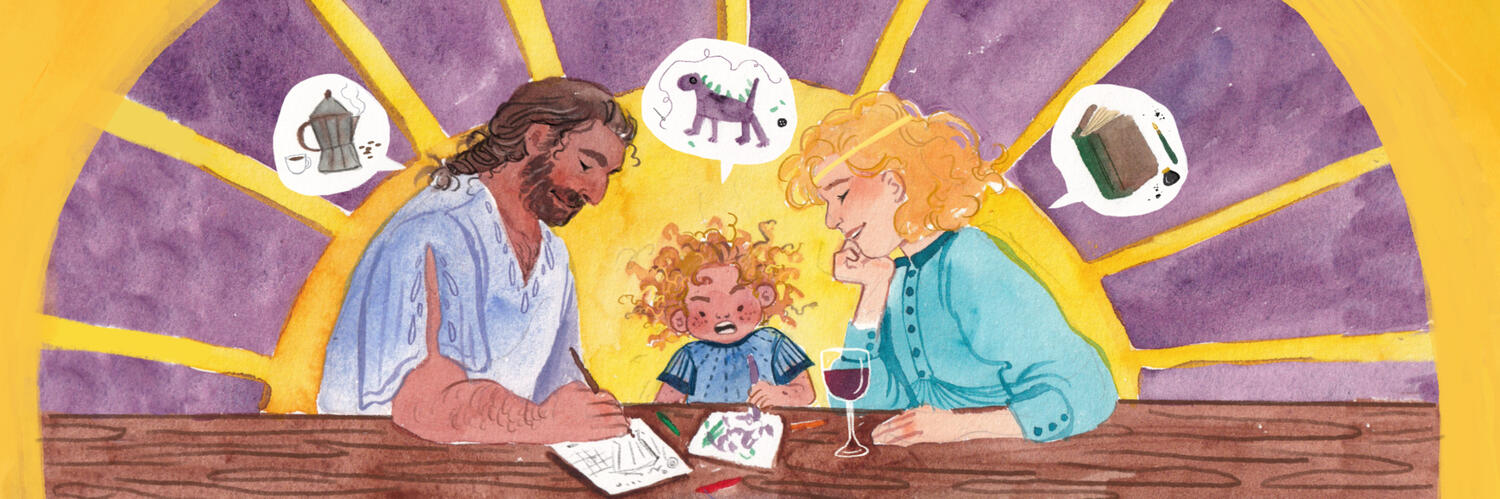 Watercolor artwork with many different characters from Friends at the Table giving each other gifts.