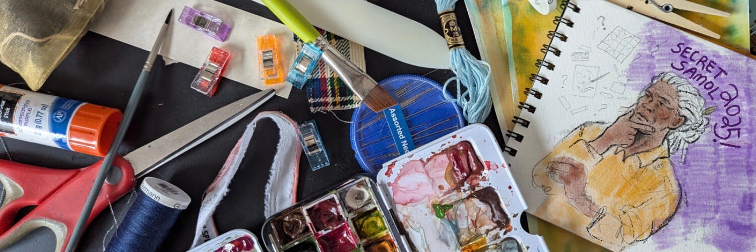 Watercolor artwork with many different characters from Friends at the Table giving each other gifts.